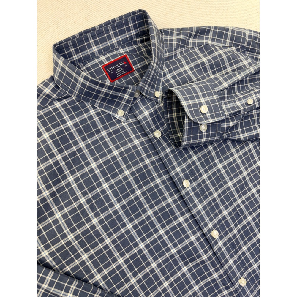 UNTUCKit Lazaret WF Mens Large Blue Plaid Wrinkle Free Button Down Shirt 40682 - Picture 1 of 8